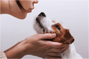 Girl holding dog face in hands