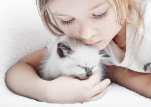 little cute girl affectionately hugging kitten